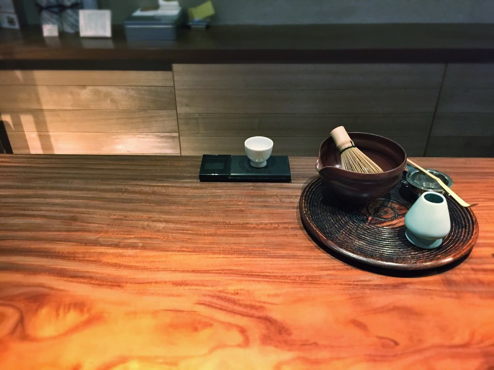 Japanese tea house counter with a full matcha preparation set