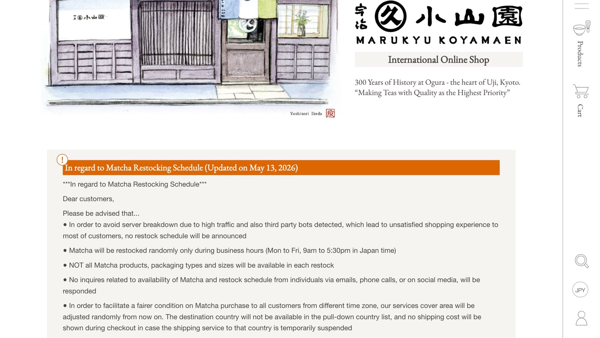 Marukyu Koyamaen International Online Shop homepage showing the orange "In regard to Matcha Restocking Schedule (Updated on May 13, 2026)" notice under the Marukyu Koyamaen logo